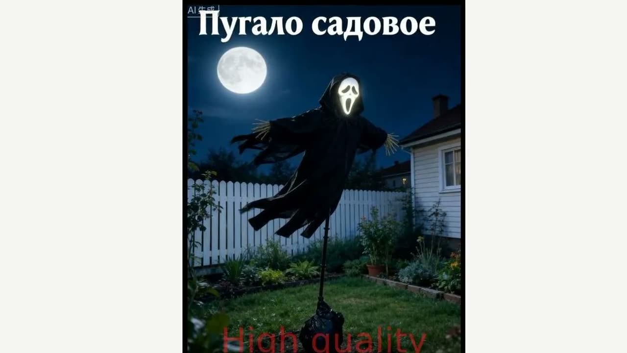 Пугало садовое декоративное на штыре, черный, маска со светящимся эффектом, ABS пластик, металл, для Хэллоуина и участка — фото 1