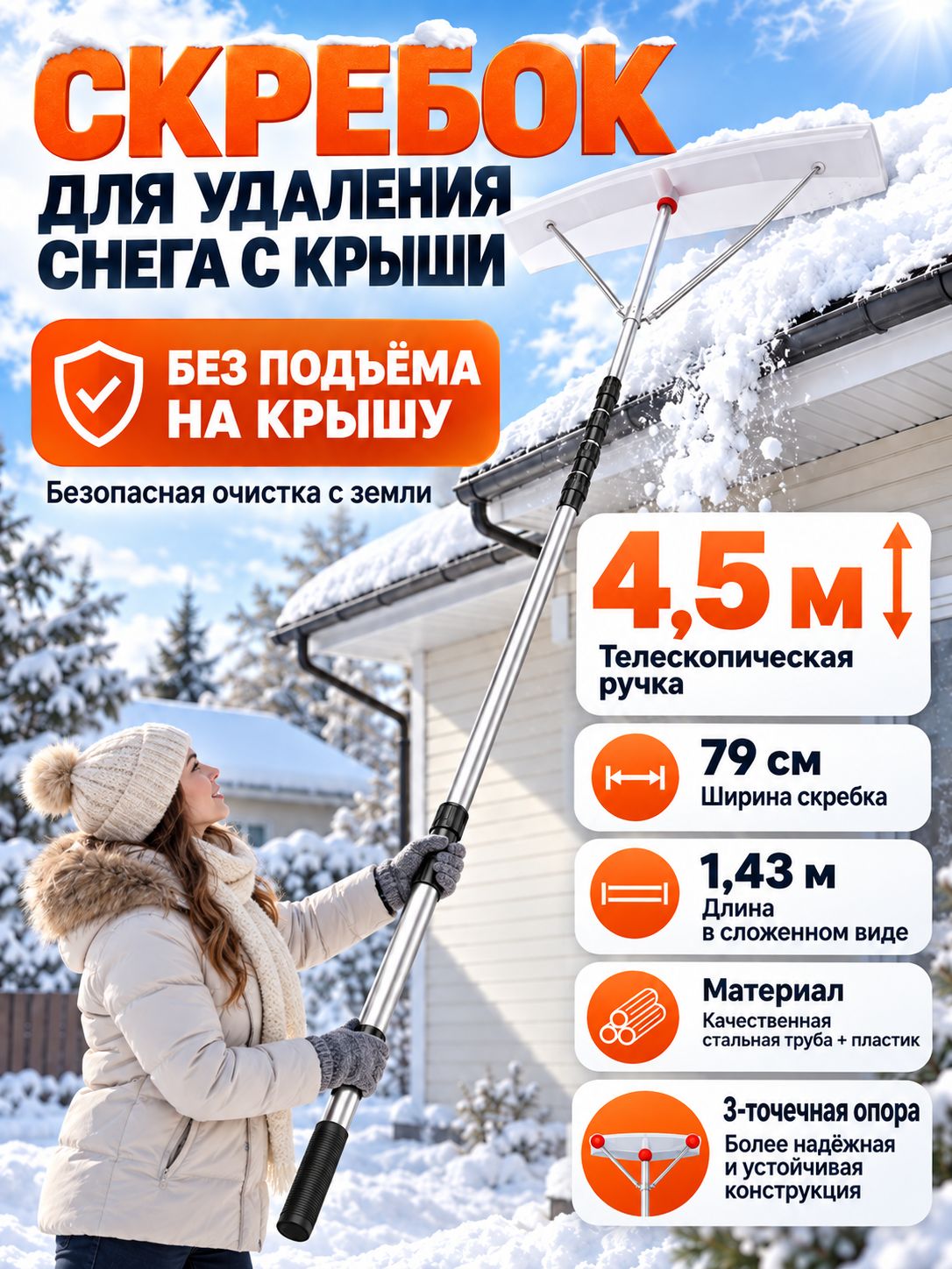 Скребок для уборки снега с крыши телескопический, ширина лезвия 79 см, максимальная длина ручки до 4,5 м