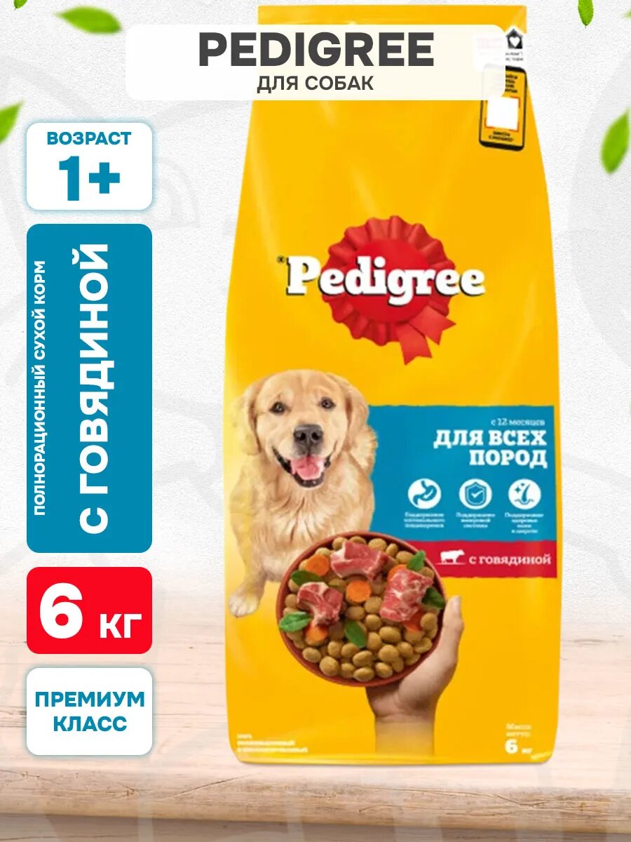 Корм сухой Pedigree для взрослых собак всех пород, говядина, 6 кг