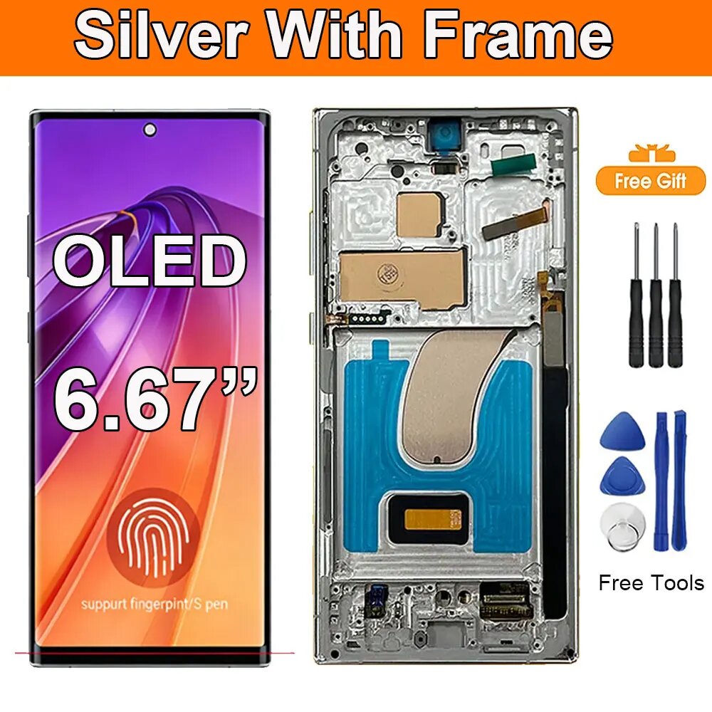AMOLED LCD-дисплей для Samsung Galaxy S23 Ultra S918, сенсорный экран, US OLED Silver Frame