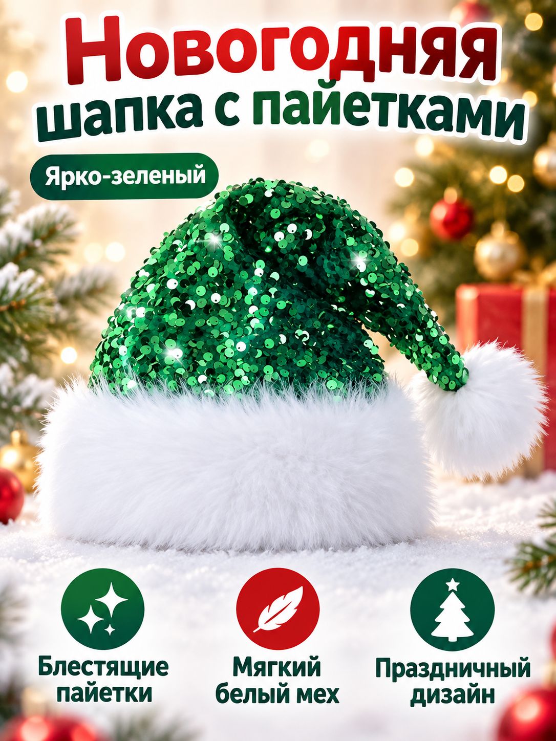 Новогодняя шапка с блестками и длинным мехом, универсальный размер, ярко-зеленая
