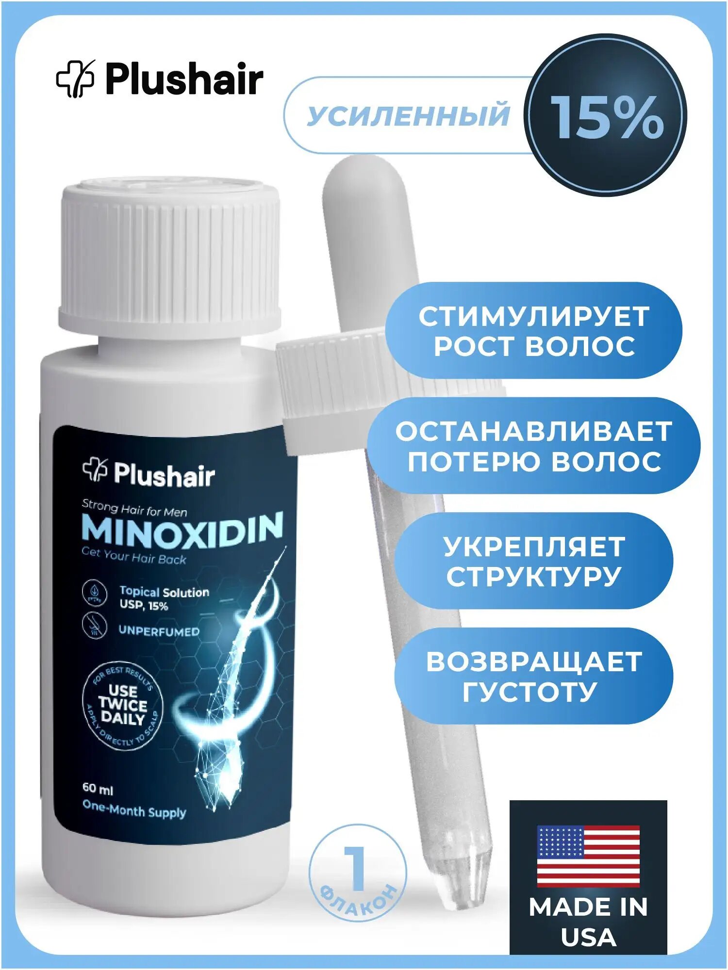 PLUSHAIR Сыворотка для роста волос 15%, лосьон от выпадения волос, бустер активатор для роста бороды, 60 мл