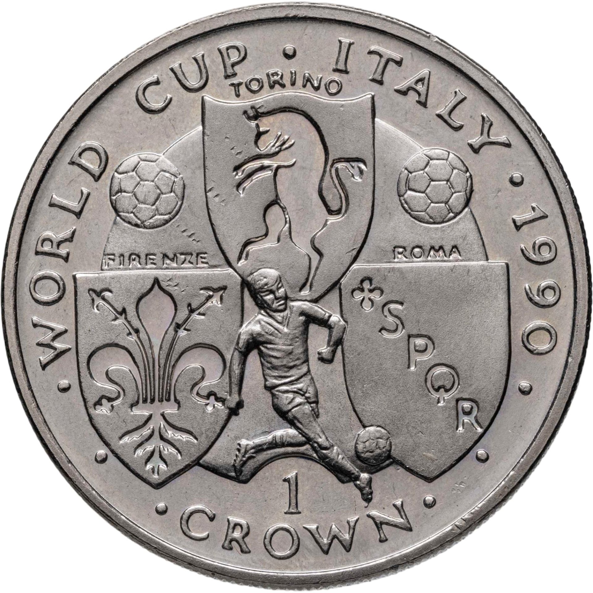 Остров Мэн 1 крона crown 1990 "Чемпионат мира по футболу, Италия 1990 - Турин, Рим, Флоренция", Мельхиор медь-никель, в сохранности BUNC