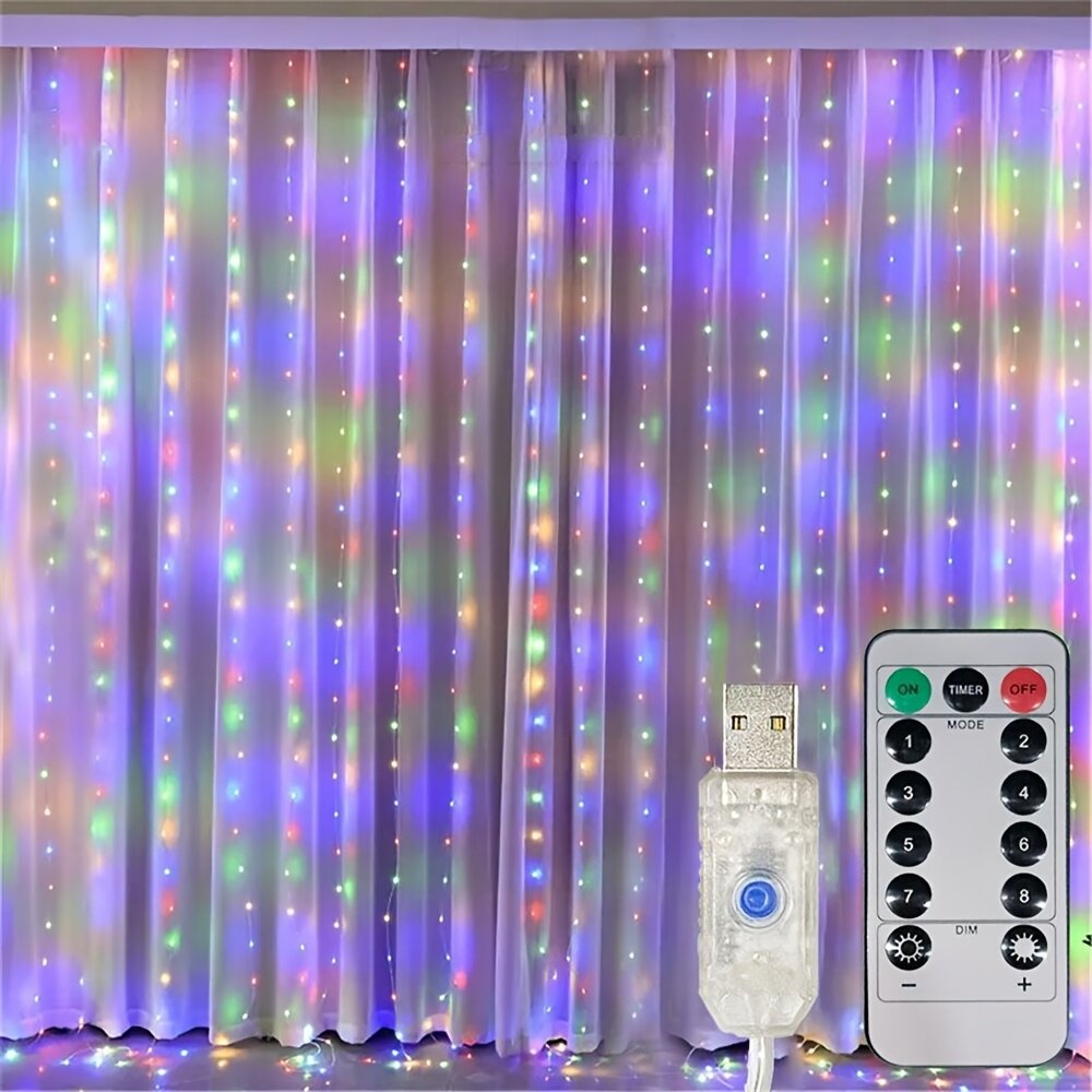 Светодиодная гирлянда-штора 600 LED, 6х3 м, мультиколор, с ИК-пультом, RGB, 8 режимов свечения (стробоскоп, вспышка, плавное затухание), питание от USB, для Рождества, свадьбы, вечеринки, украшения помещений и улицы