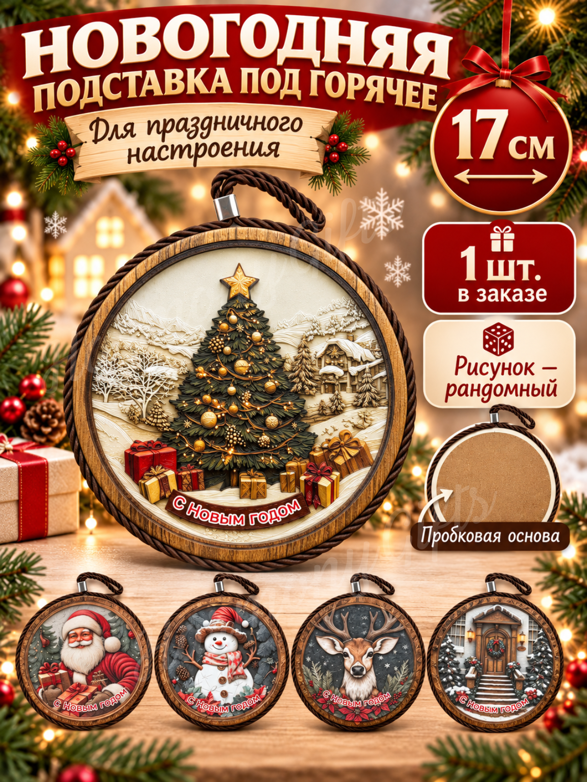 Новогодняя подставка под горячее 17 см, пробковая, 1 шт, для кружки и горячей посуды, случайный рисунок