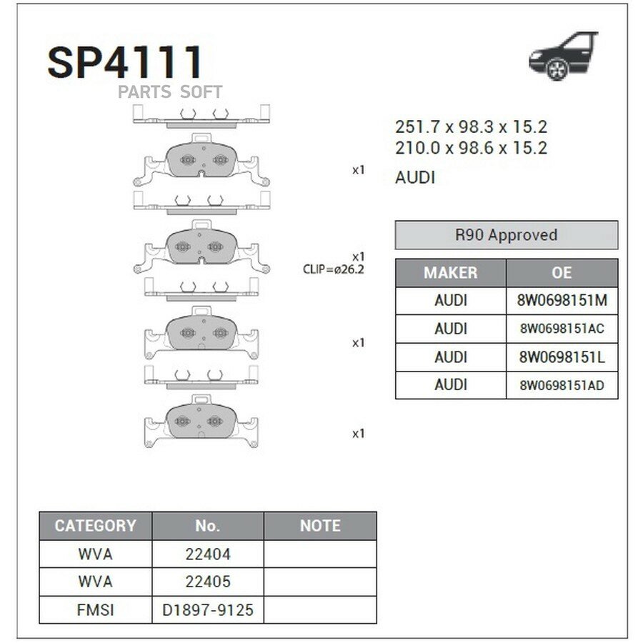 Колодки тормозные SANGSIN BRAKE AUDI A4 (8W2, B9) 15- (D1897) SANGSIN BRAKE SP4111 | цена за 1 шт