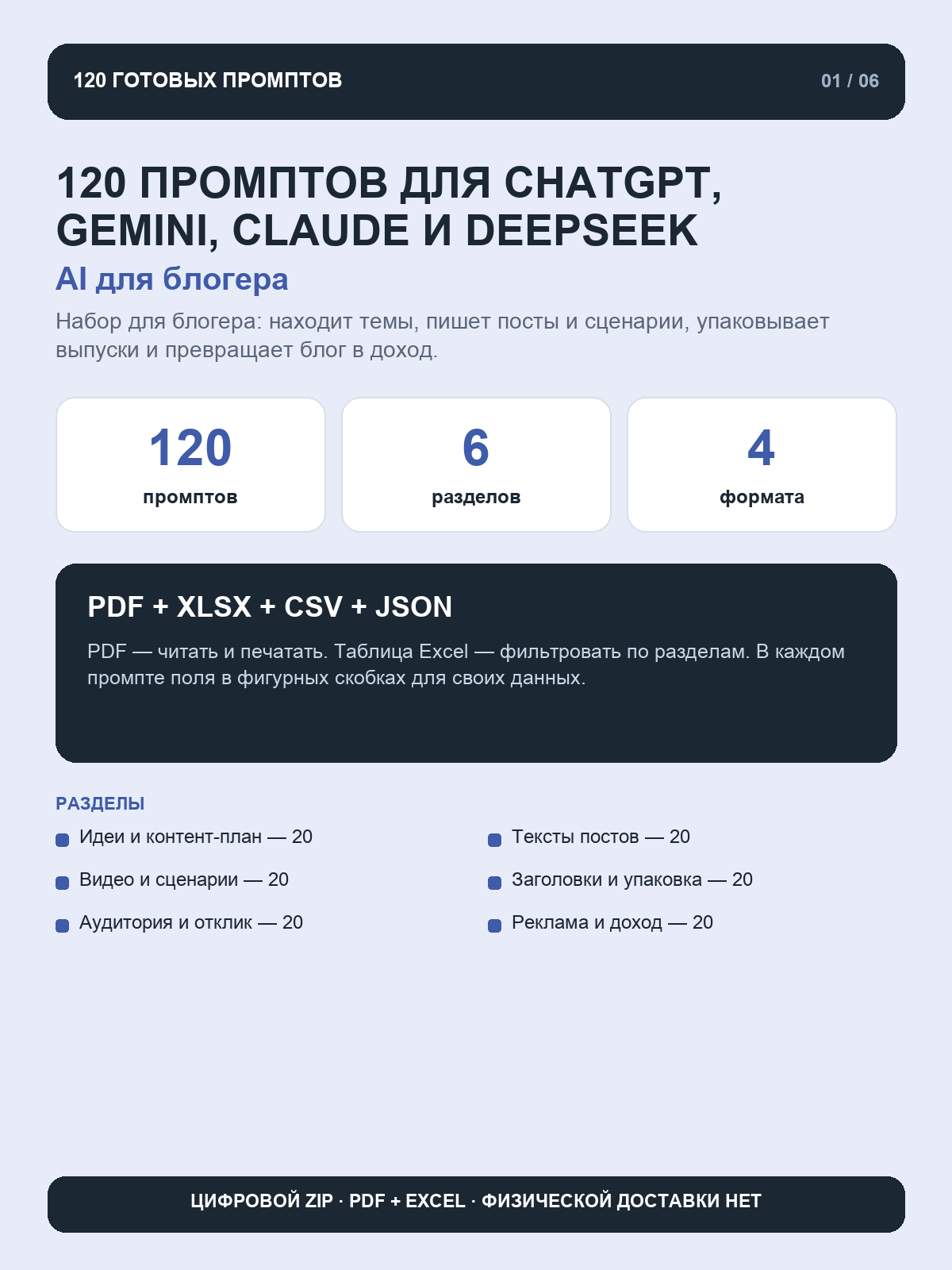 AI для блогера: 120 промптов для ChatGPT, Gemini, Claude и DeepSeek, цифровой ZIP PDF и Excel