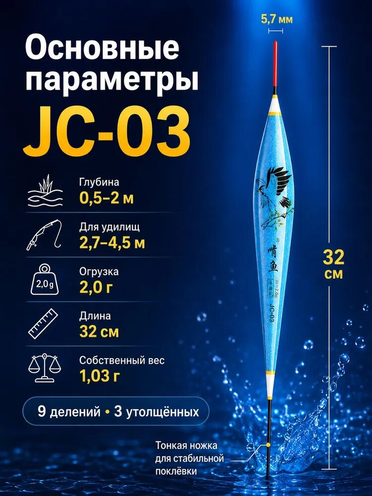 Поплавок рыболовный JC-03 для мелководья, огрузка 2 г, длина 32 см, антенна 5,7 мм, 3 шт.