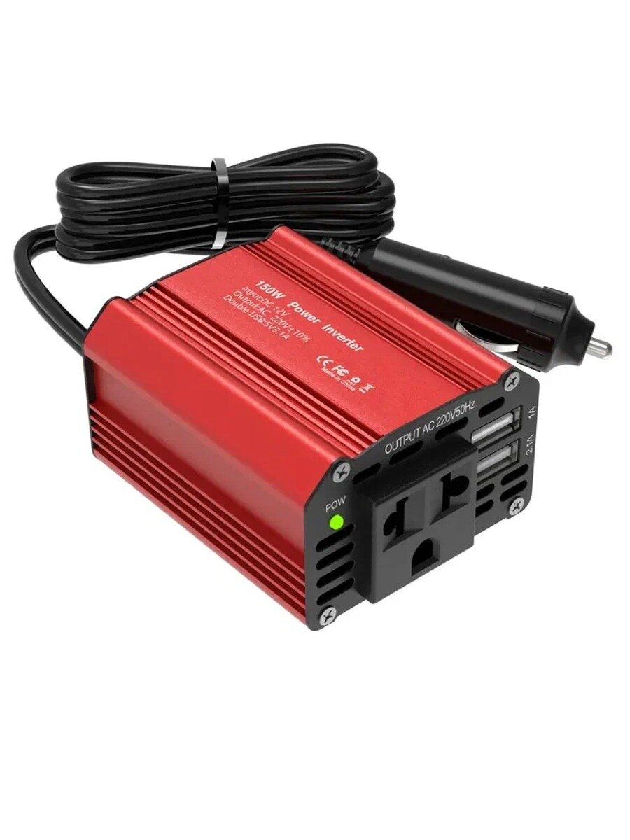 Автомобильный инвертор 150 Вт, DC 12V — 220 В, красный, 1 розетка, 2