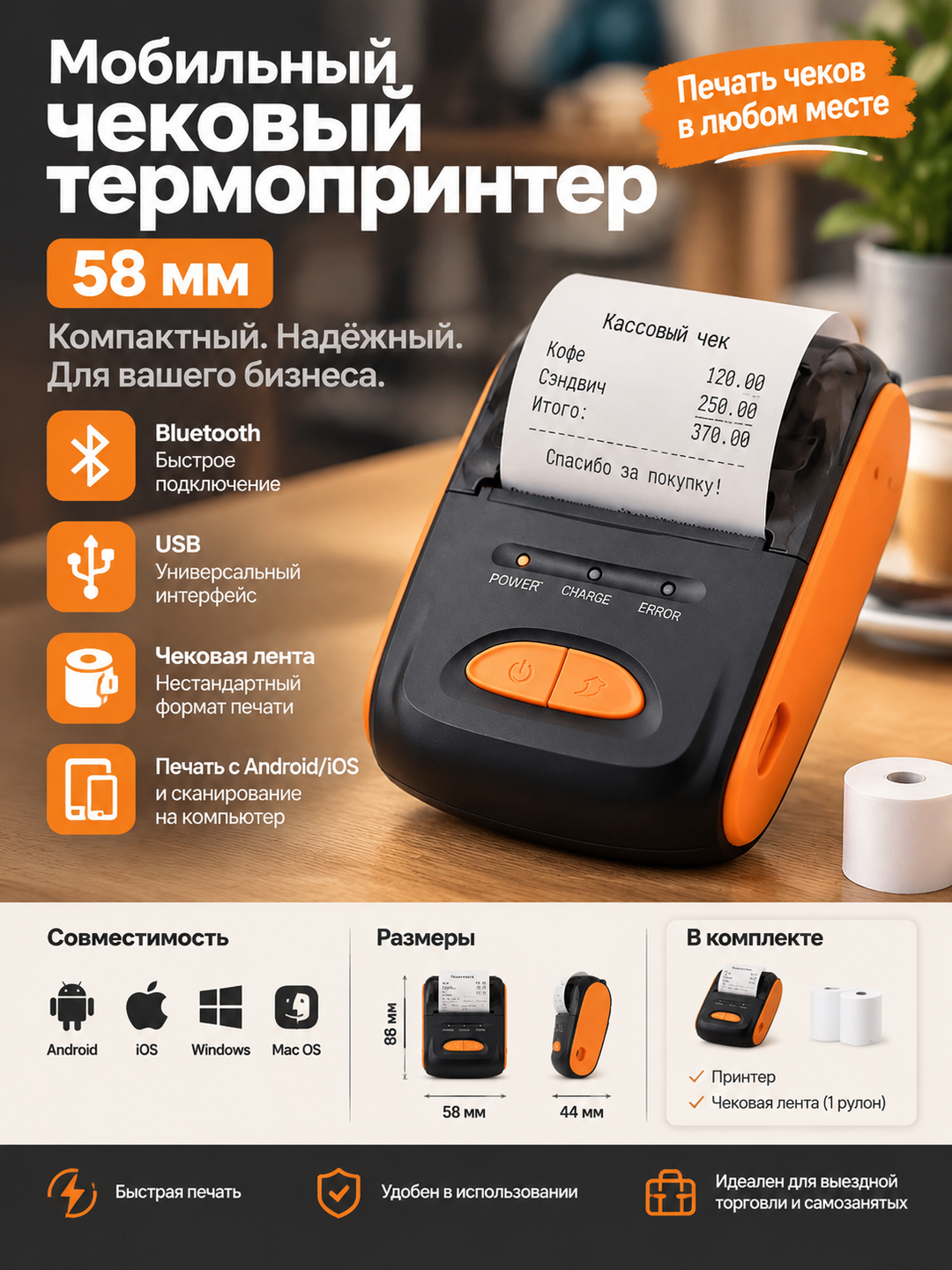 Мобильный чековый термопринтер 58 мм с Bluetooth и USB, оранжево-черный