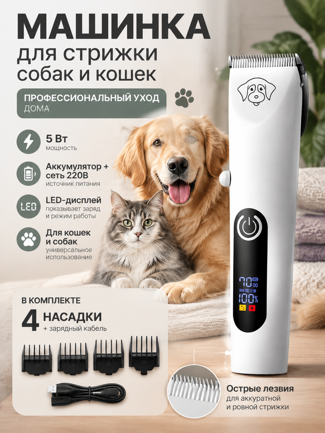 Аккумуляторная машинка для стрижки собак и кошек 5 Вт с LED-дисплеем и 4 насадками