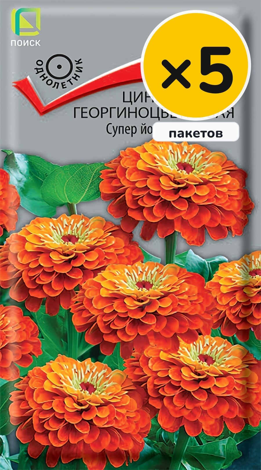 Семена циннии георгиноцветковой Супер йога оранж, 0,4 г, 5 пакетов, Поиск, однолетник, высота до 90 см