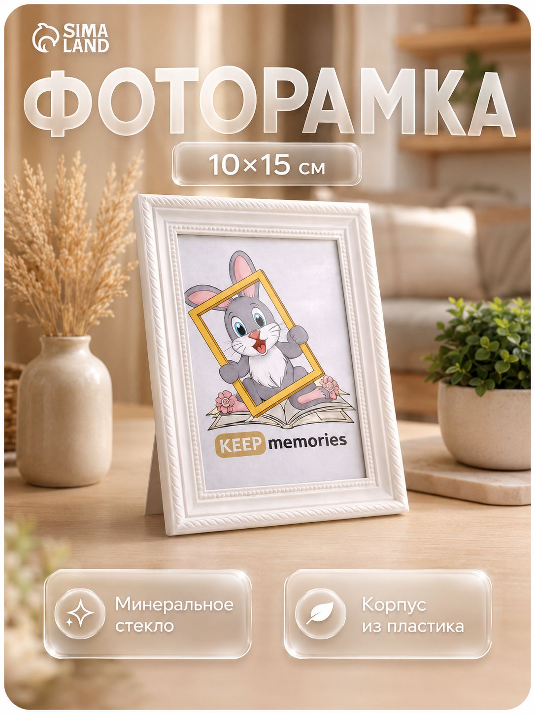 Фоторамка пластик, 10х15 см, рамка для фото белая / рамка для картин, постера, творчества / для интерьера