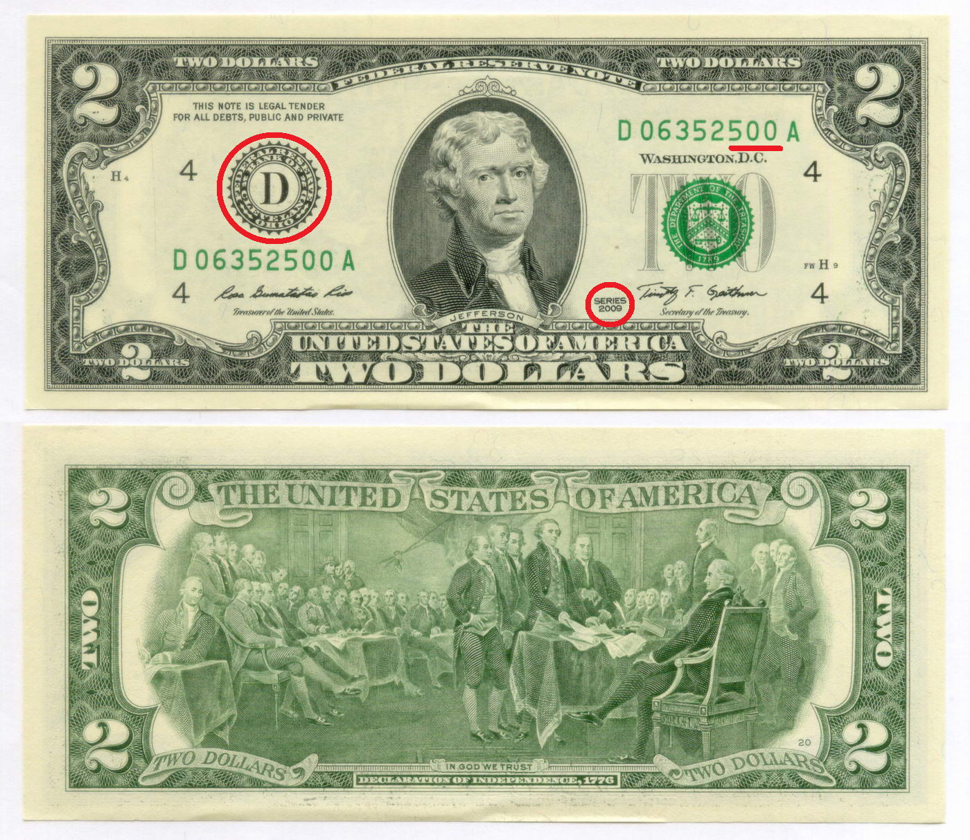 Банкнота США 2 доллара 2009 D06352500A (Кливленд). AUNC из пачки, последняя купюра