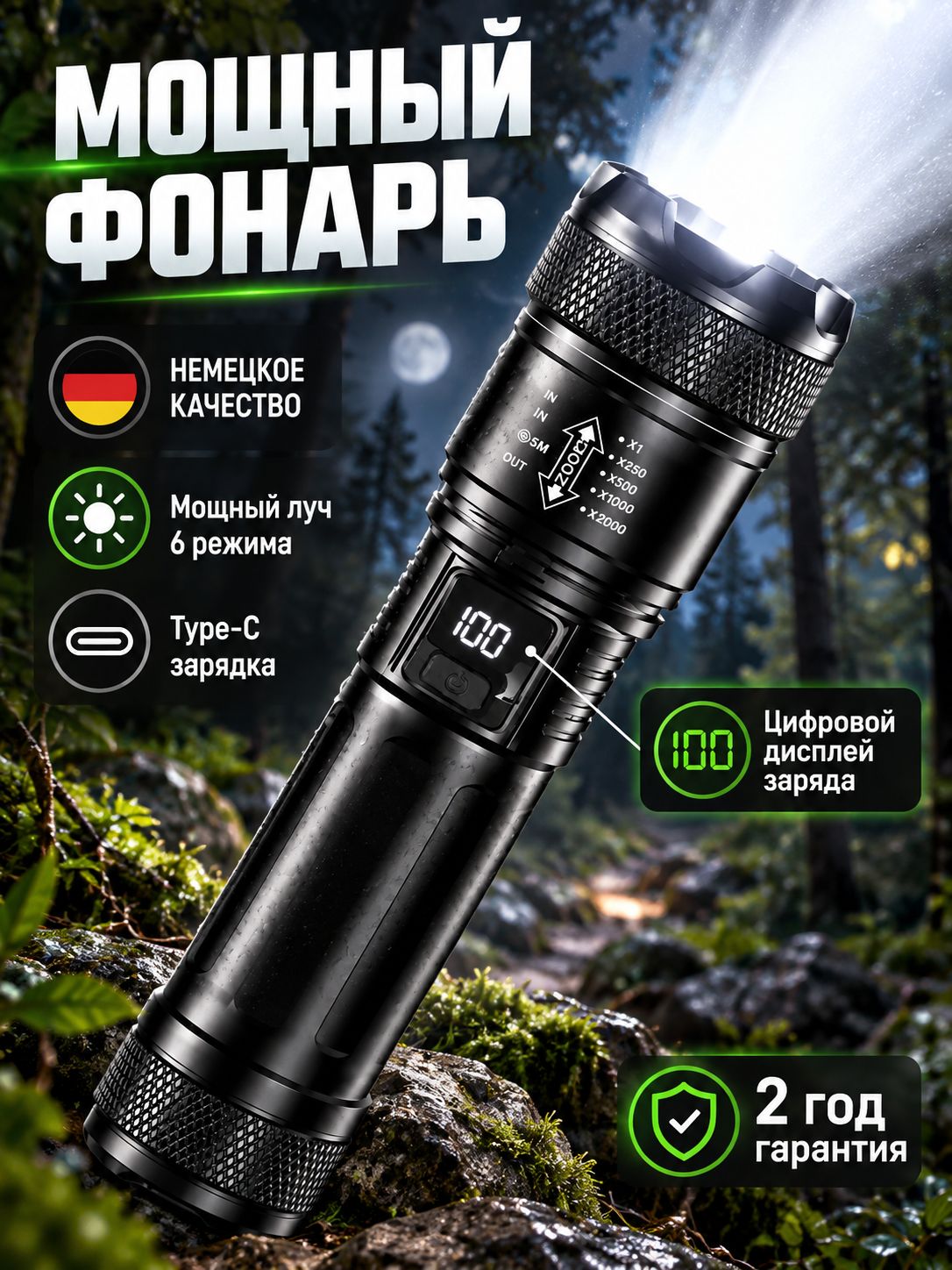 Фонарик аккумуляторный ручной мощный