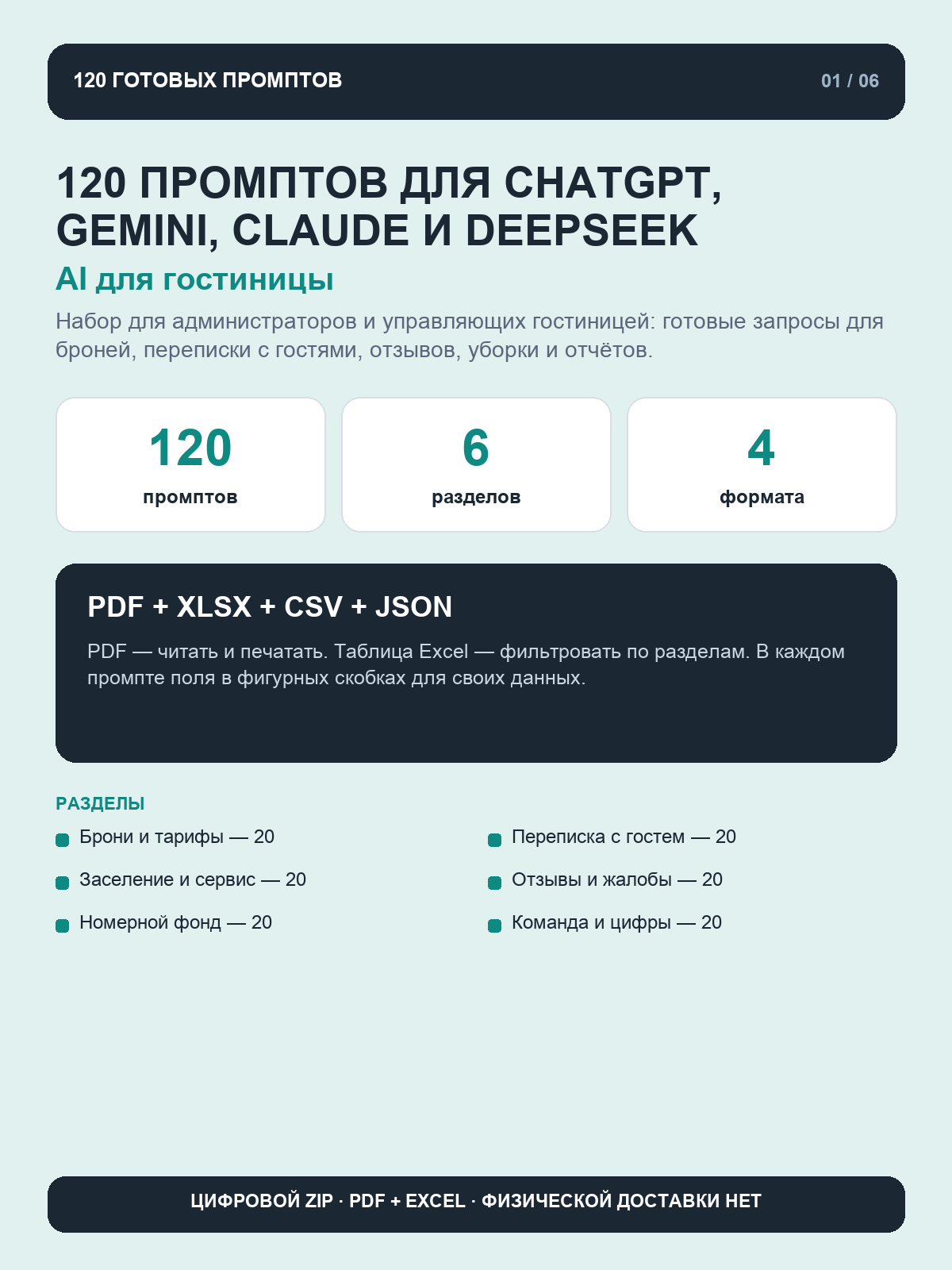 AI для гостиницы: 120 промптов для ChatGPT, Gemini, Claude и DeepSeek, цифровой ZIP PDF и Excel