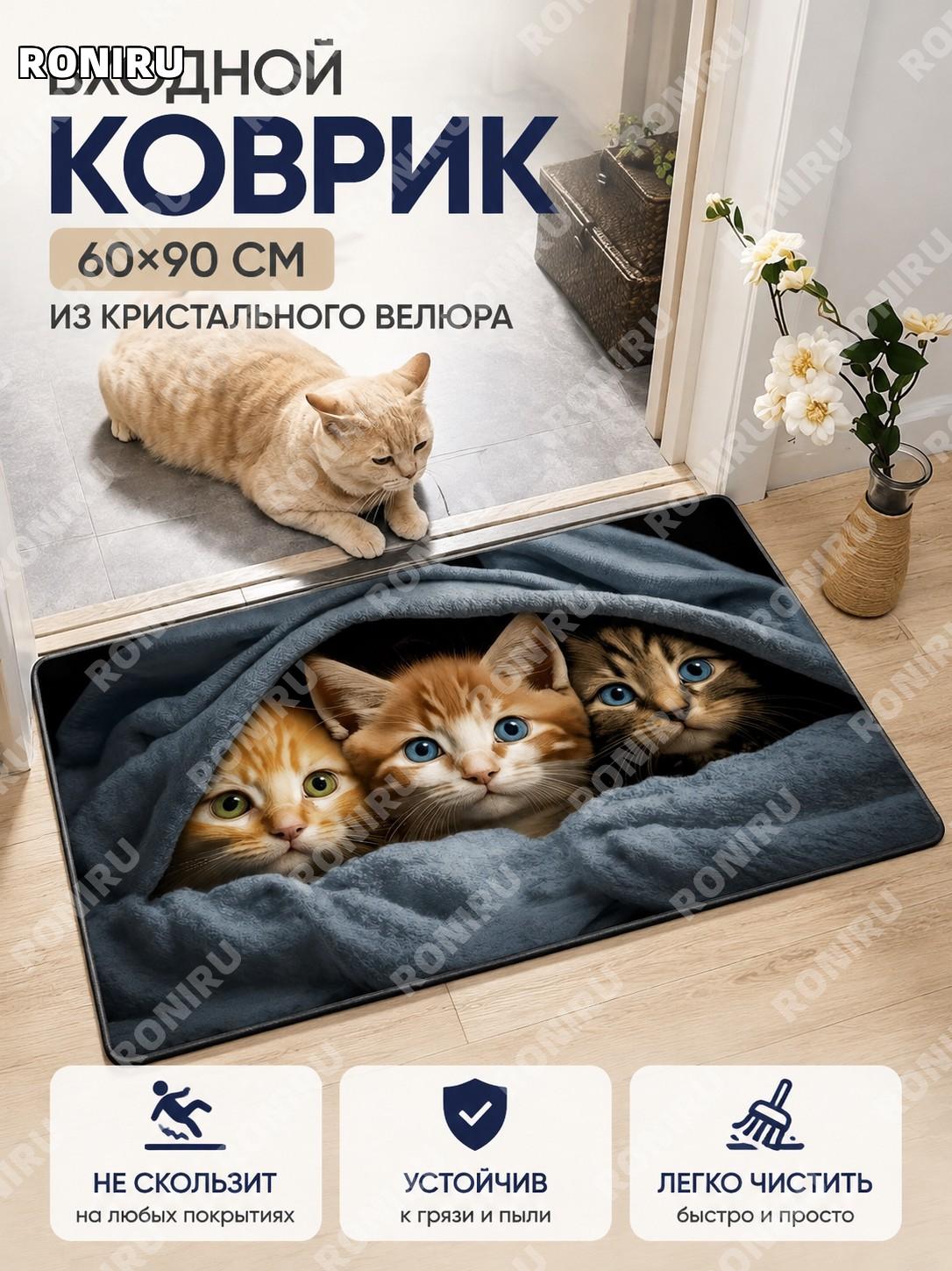 Коврик для входной двери с котами Американский кот-4 60×90 см, кристальный велюр из полиэстера, придверный декор