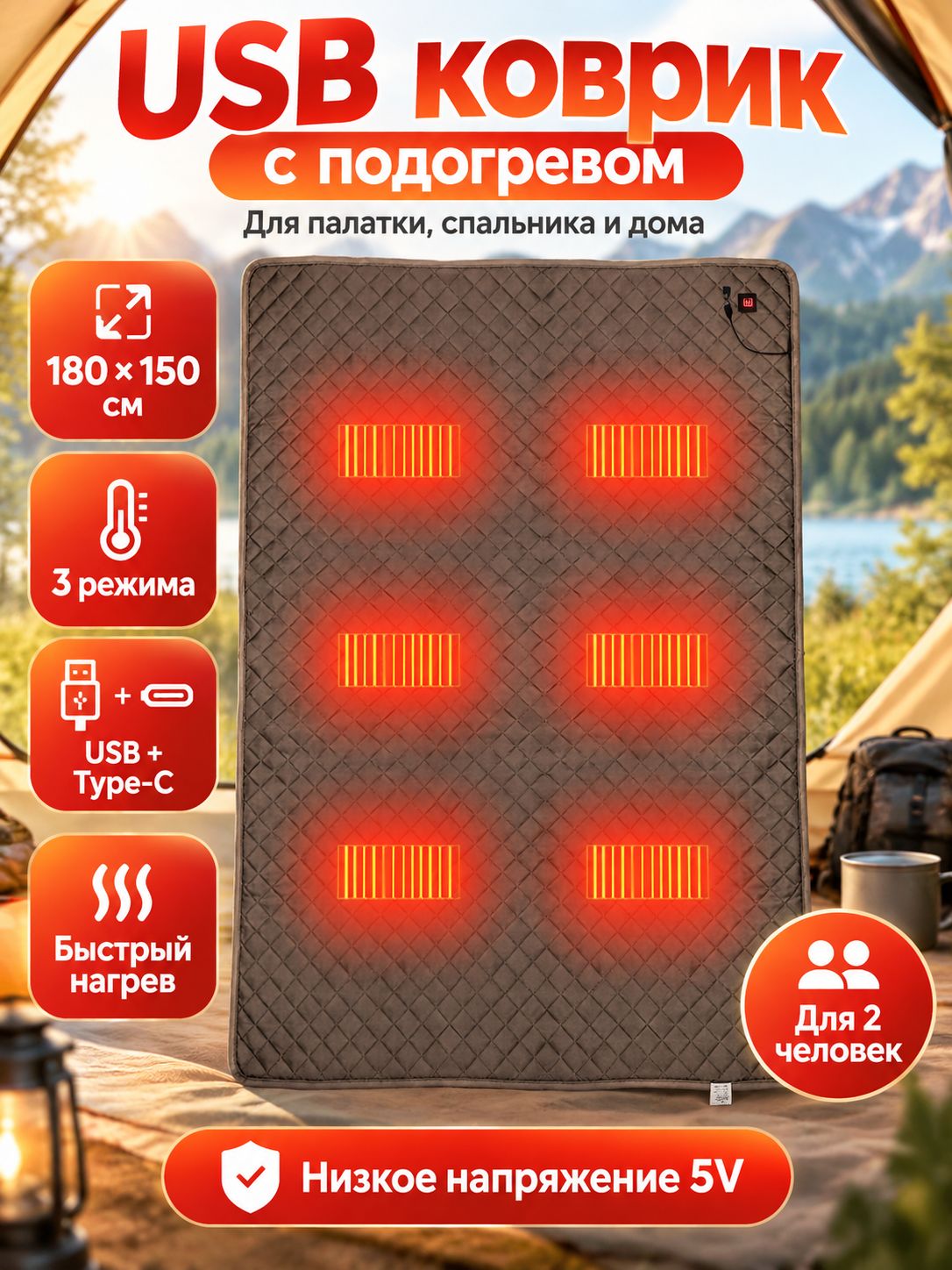 Коврик с подогревом для палатки 180х150 см, двухместный, темно-синий, USB Type-C, 3 режима нагрева, 5 В
