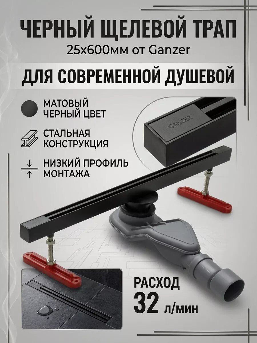 Трап щелевой 25х600мм GZ99160-C цвет черный Ganzer