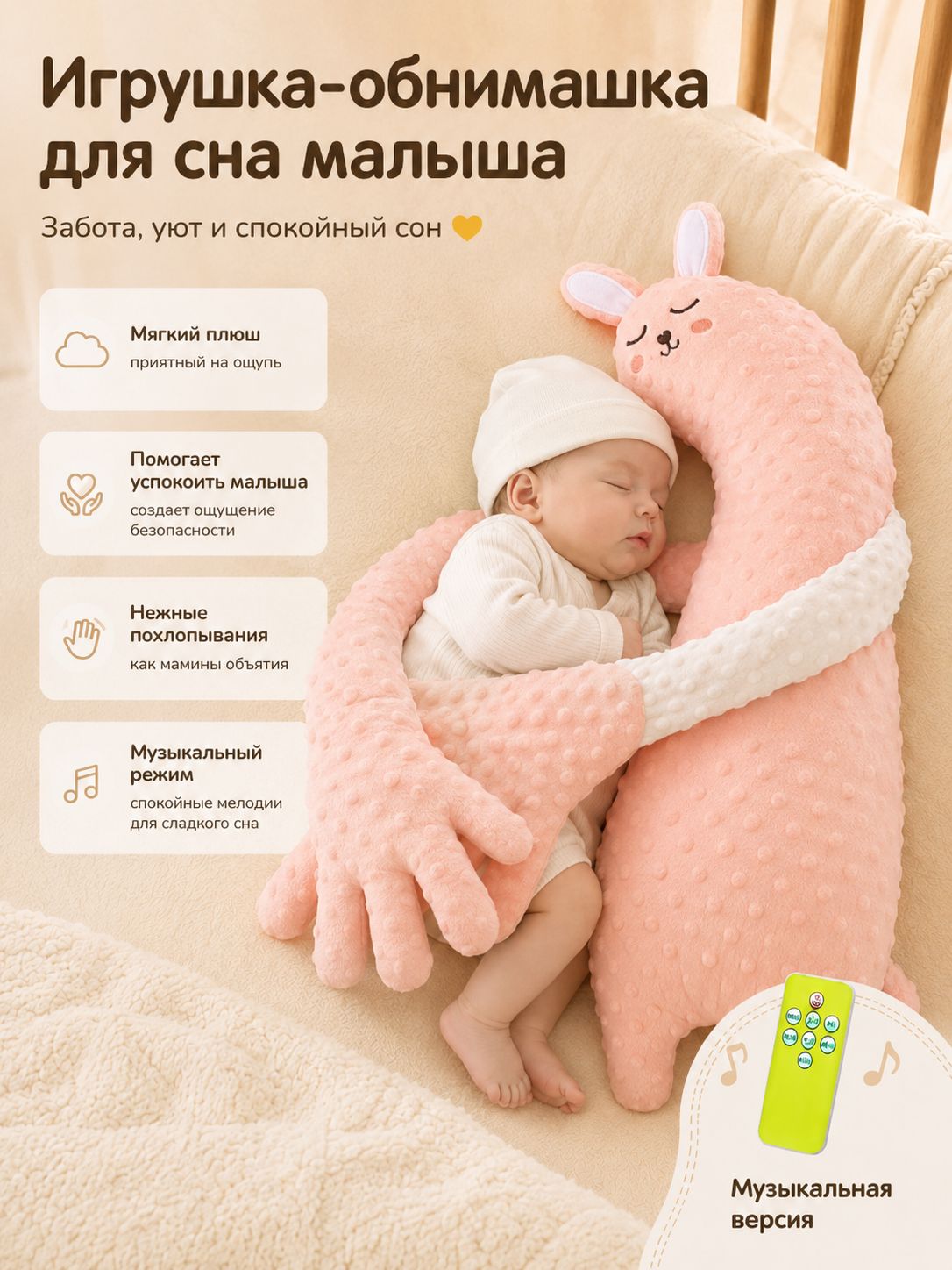 Игрушка-обнимашка для сна малыша с пультом, мягкий плюш Minky, нежные похлопывания, вкладыш с красной фасолью,65*25*16cm