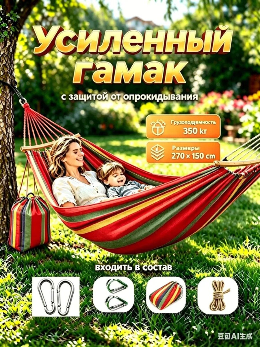 Гамак Металл, 150х270 см, тканевый, 2 места, красный, до 350