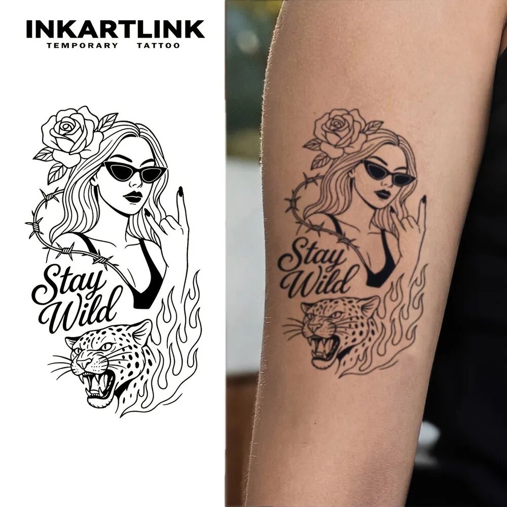 Переводная временная татуировка Женщина, тигр и надпись Stay Wild для тела