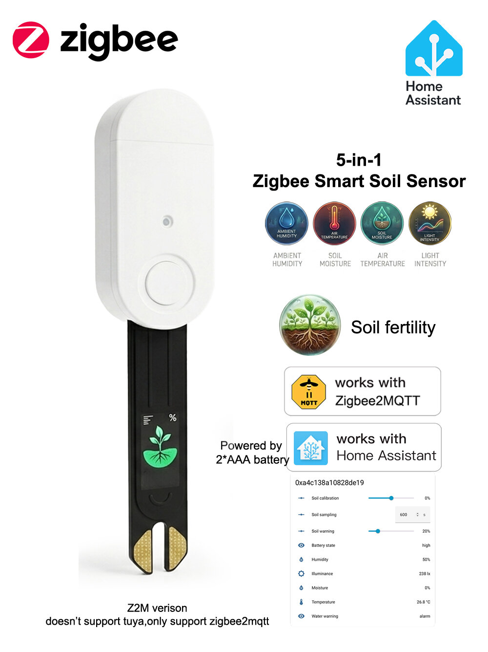 Zigbee датчик влажности почвы 5-в-1, температура воздуха, Значение фертильности, температура почвы, влажность почвы, плодородие почвы, интенсивность света, zigbee2mqtt