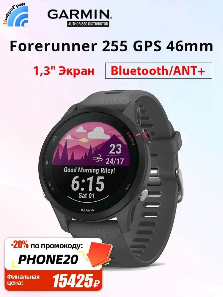 Garmin Смарт-часы Forerunner 255 GPS 46mm 1,3' Экран Bluetooth ANT+ Поддержка русского языка, 46mm, серый
