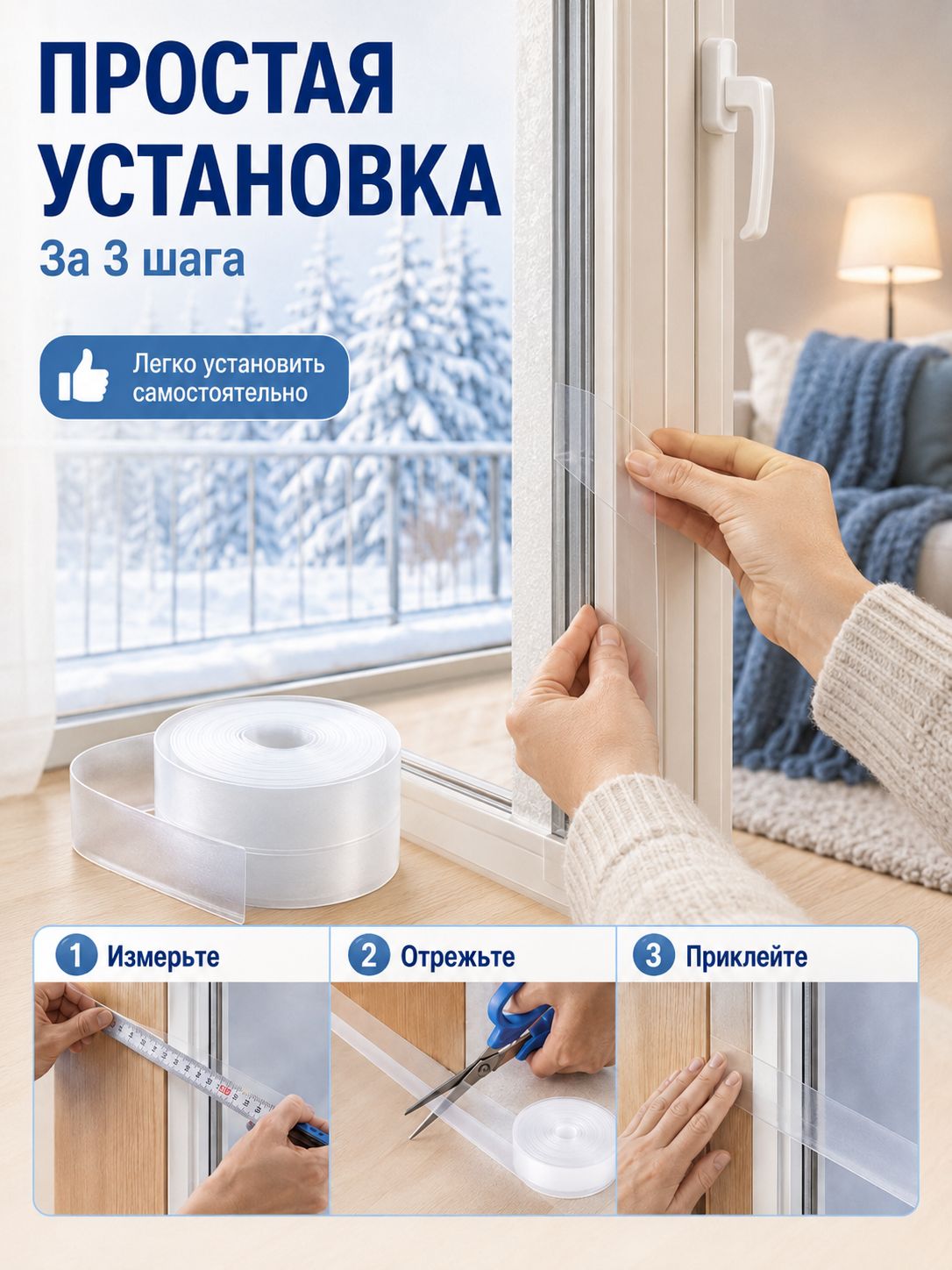 Зимняя самоклеящаяся уплотнительная лента для окон, защита от сквозняков, звукоизоляция, теплоизоляция
