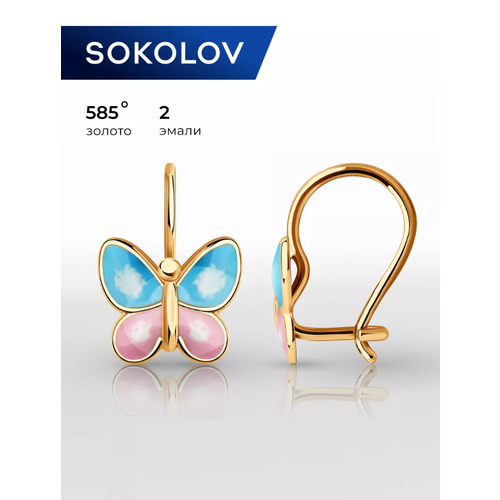 фото Серьги sokolov, красное золото, 585 проба, эмаль, длина 1.2 см, , голубой, розовый, золотистый