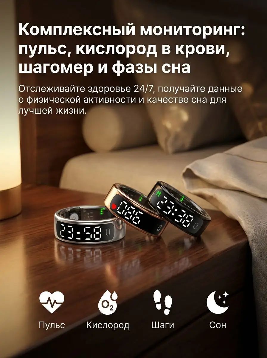 Умное кольцо смарт гаджет с дисплеем: пульсометр, шагомер, управление видео TikTok, камера. Влагозащита 5ATM, мониторинг сна и здоровья, сталь