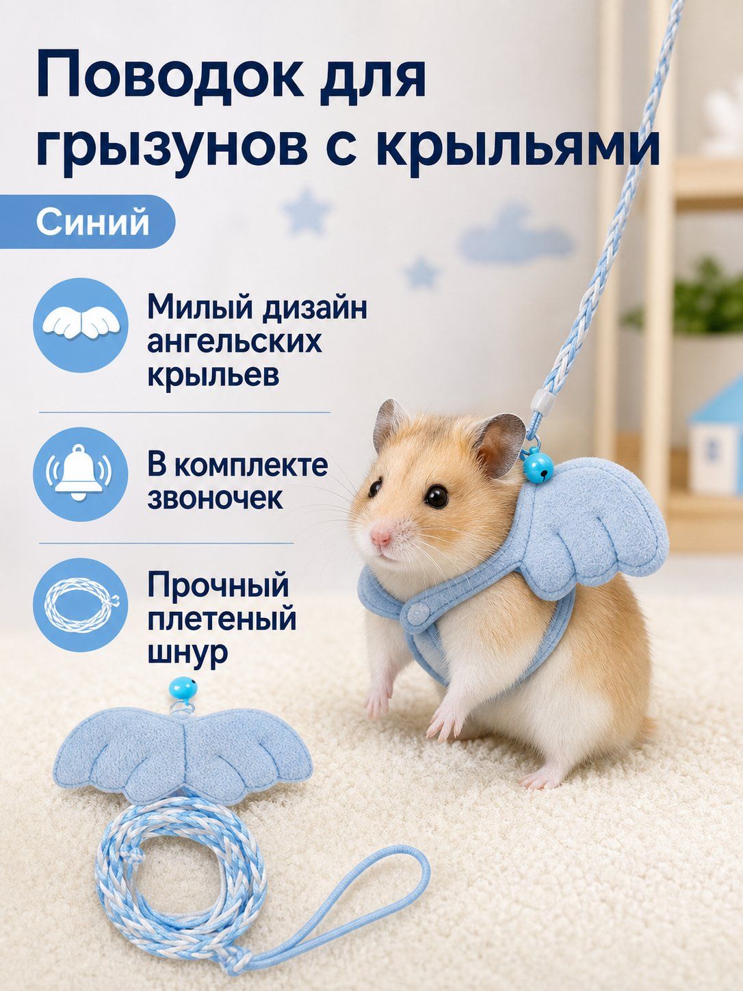 Шлейка-жилет для хомяка и шиншиллы, светоотражающая, регулируемая, 1.4 м, с колокольчиком, для прогулок 1 штука