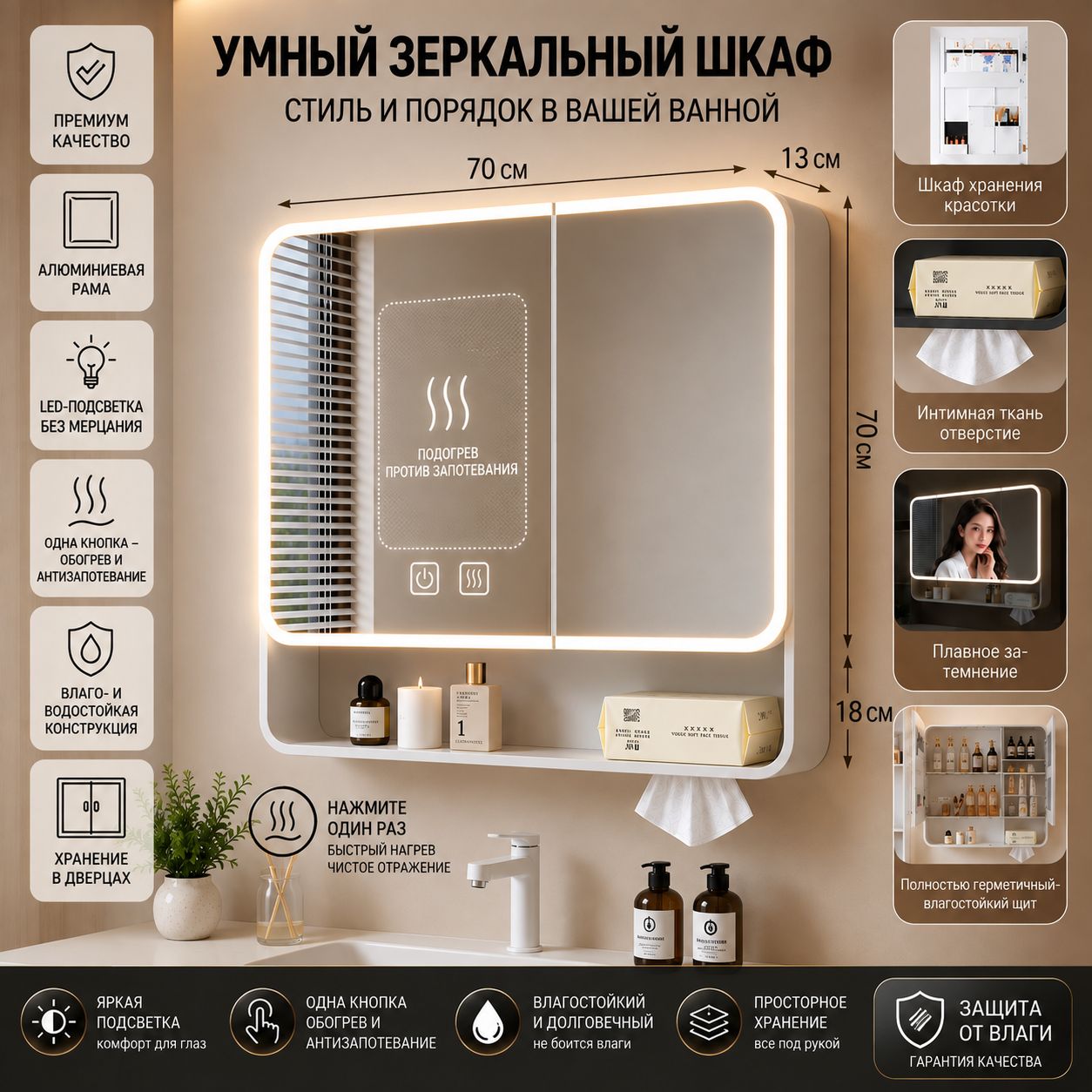 Умный Зеркальный Шкаф из Алюминия (Высота 88 см) - LED Подсветка, Подогрев, Открытая Полка,88,70, белый