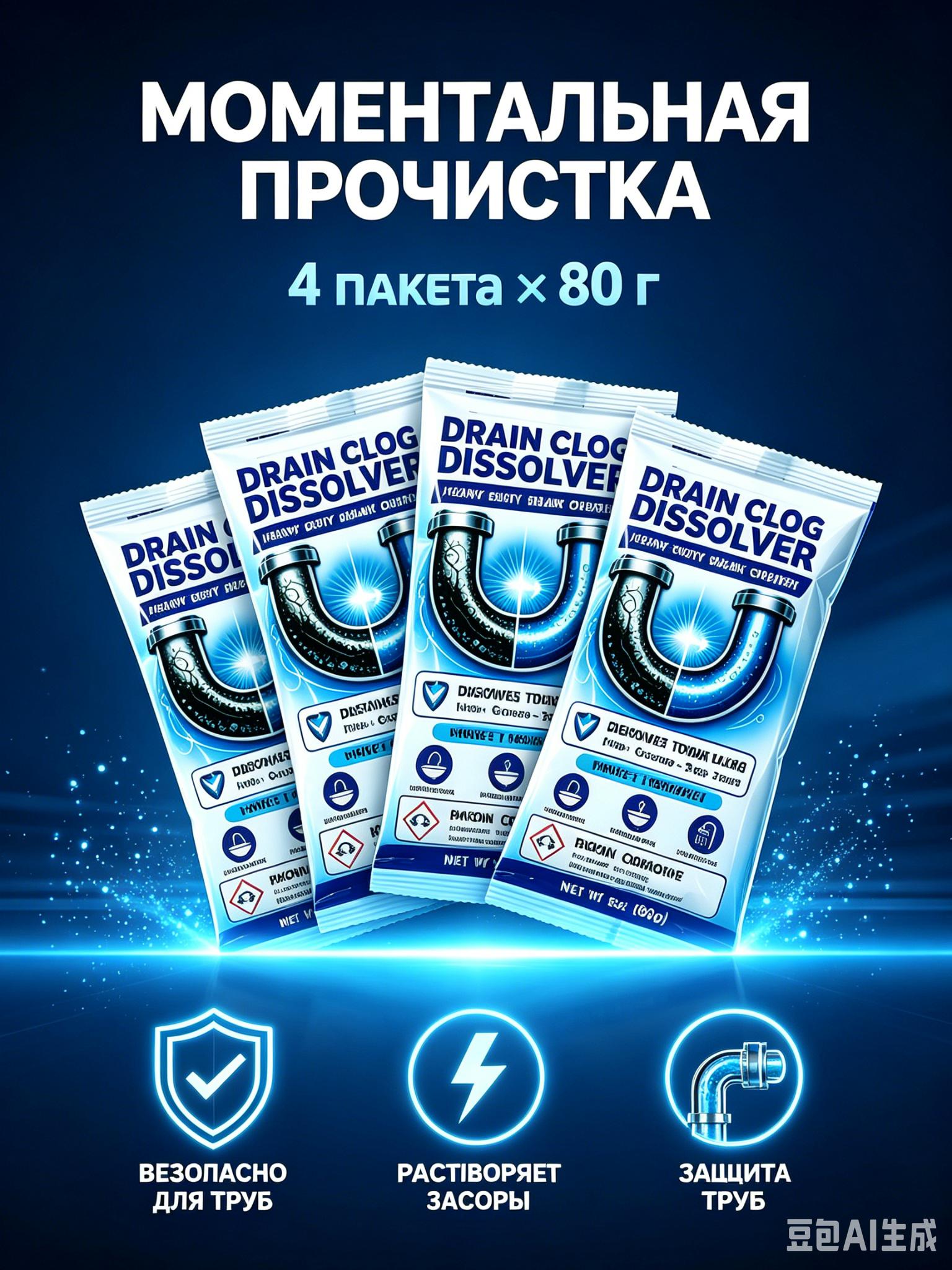 Средство для прочистки труб от засоров, порошок 80г × 4 шт, антизасор от волос и жира