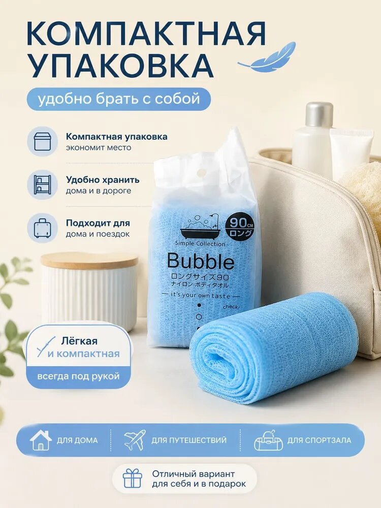 Мочалка-полотенце для тела двусторонняя нейлоновая 30x90 см, синяя, массажная мочалка для душа, ванны, бани и сауны
