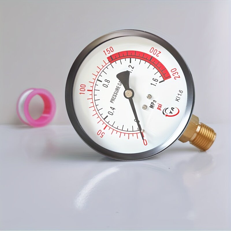 Радиальный манометр 1,6 МПа с двумя шкалами, диапазон 0–1,6 МПа и 230 psi, диаметр циферблата 3,94 дюйма, резьба M20×1,5, четкая разметка, в комплекте уплотнительная лента