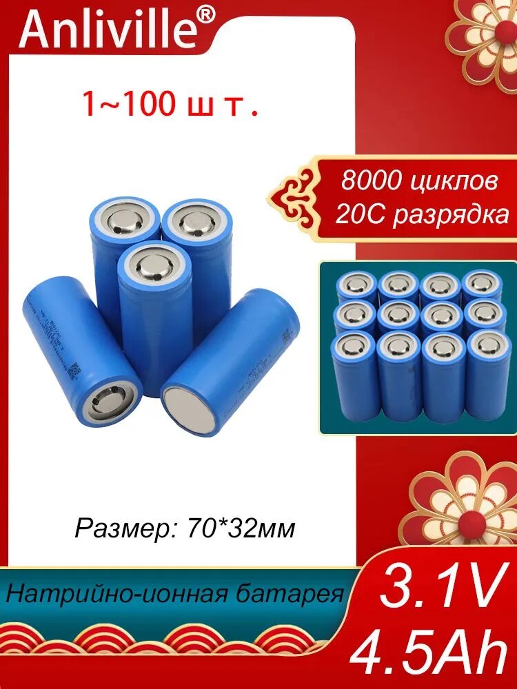 Натрий-ионный аккумулятор 4.5Ah(2.9V/3.1V, устойчив к низким температурам, высокая разрядка) для мотоцикла, солнечных инверторов, DIY