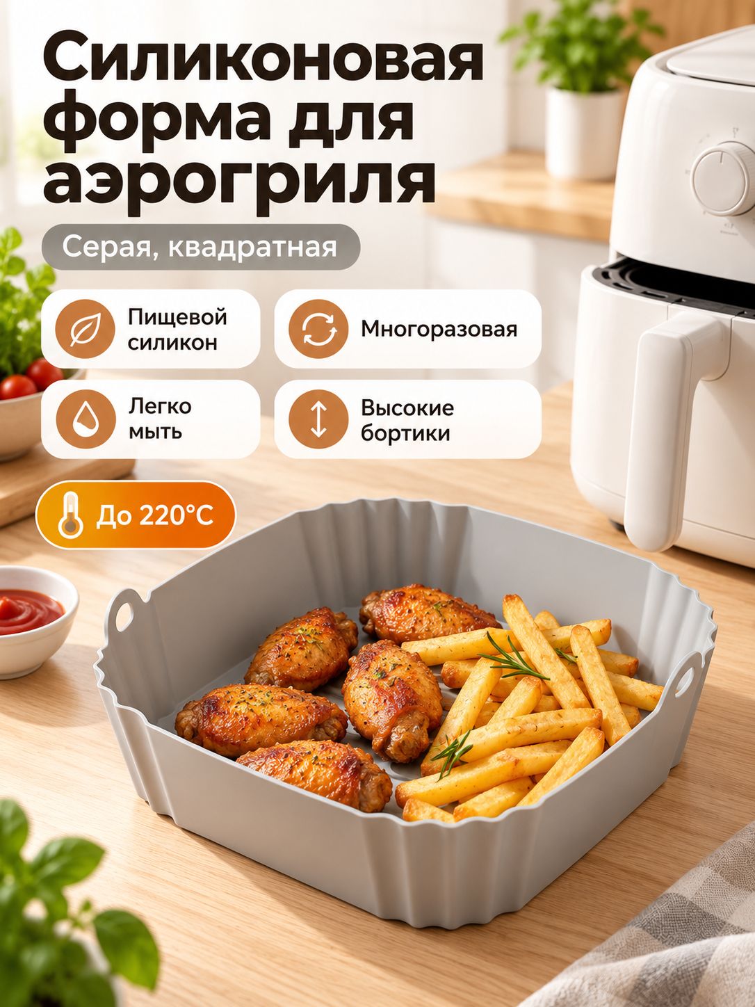 Форма для запекания 1 яч. 23 см x 23 см 1 шт пищевой силикон квадратная антипригарное покрытие серый