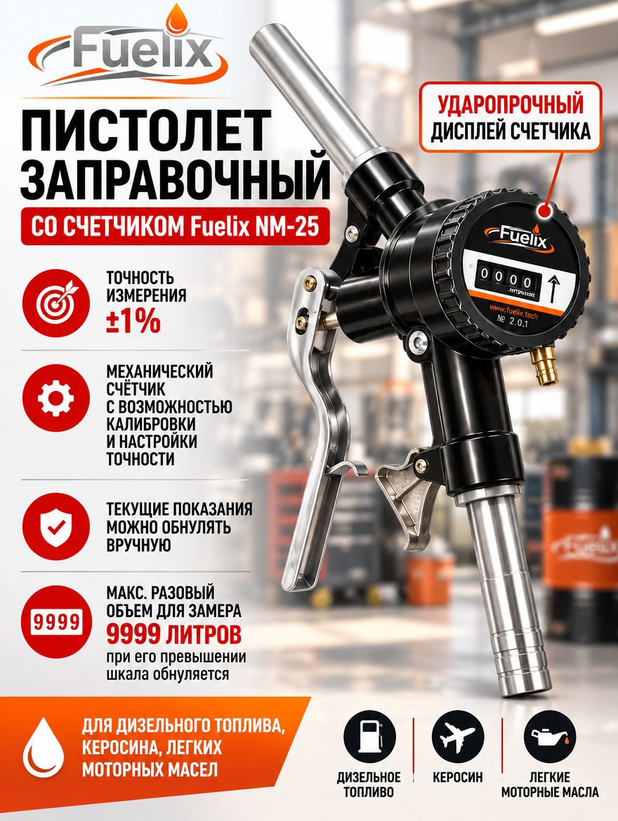 Пистолет со счетчиком NM-25 1"(LLY-25)механический, 25-60 л/мин, алюминий, точность 1%