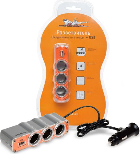 Разветвитель прикуривателя 3 гнезда + 1 USB AIRLINE ASP3U03