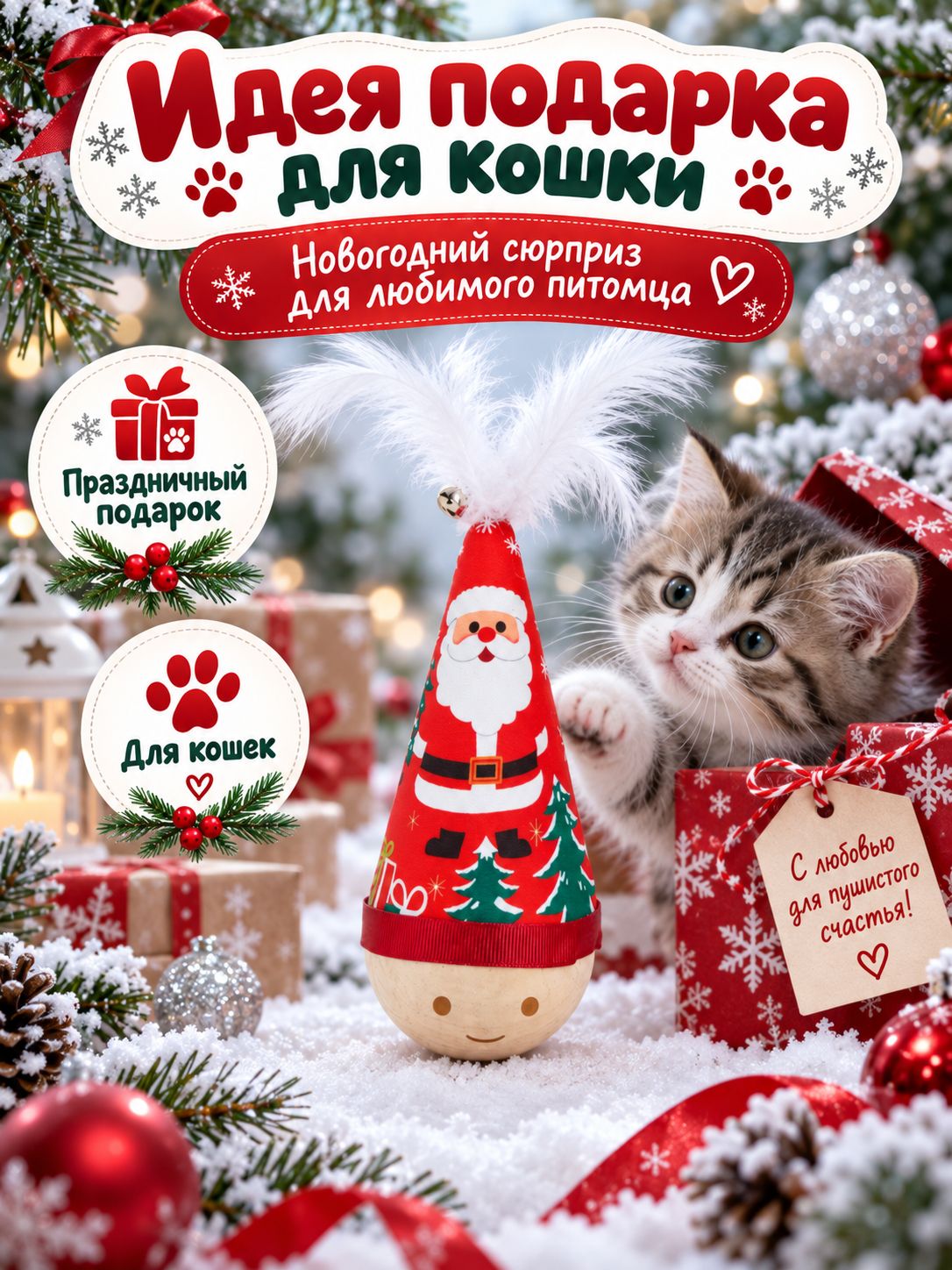 Игрушка-неваляшка для кошек рождественская, ёлочный дизайн с перьями и колокольчиком, 18 см