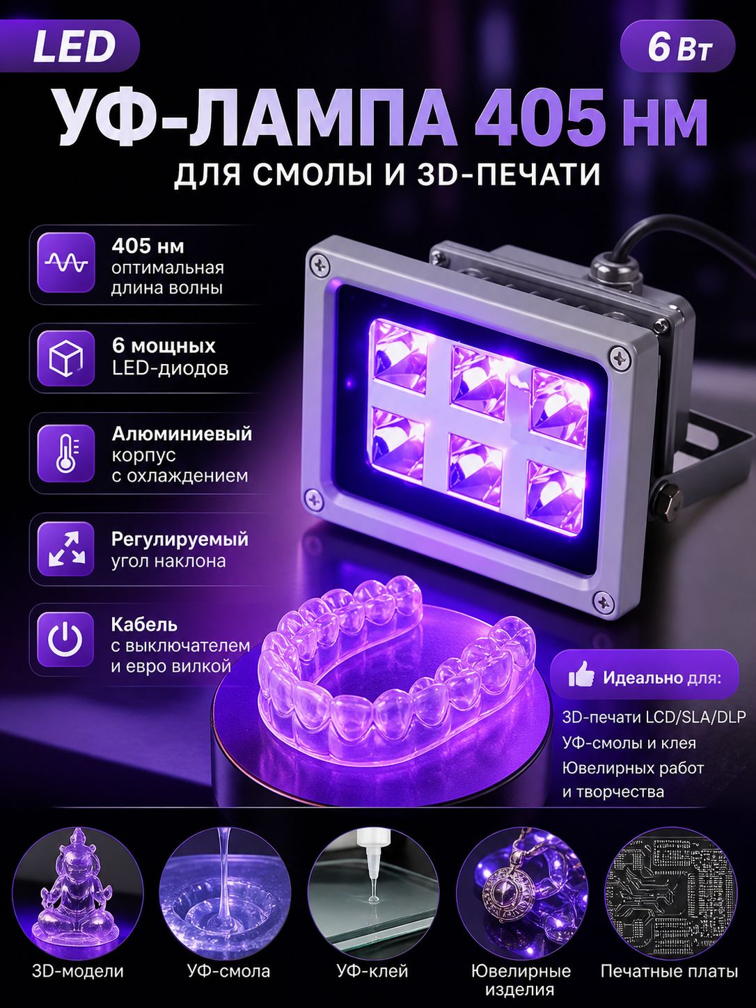 Светодиодная УФ-лампа 405нм 6Вт для полимеризации фотополимерной смолы, для 3D-печати