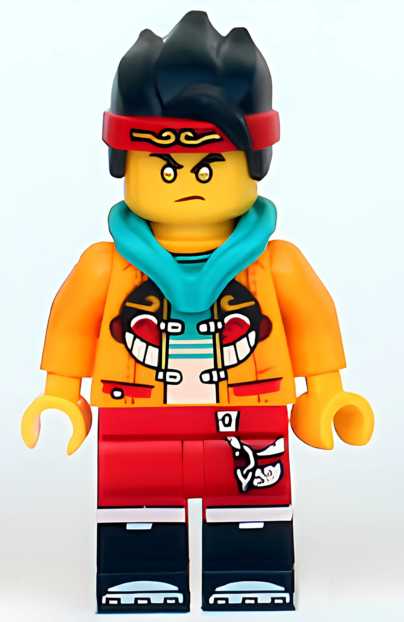 Минифигурка Lego Monkie Kid Monkie Kid - Bright Light Orange Open Jacket with Monkey Head Logo, Dark Turquoise Hood, Gold Eyes mk041