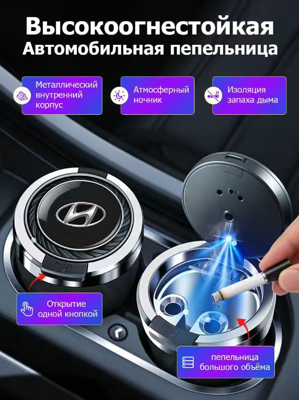 Hyundai Пепельница автомобильная светодиодная с подсветкой, светящаяся пепельница в машину, 1 шт