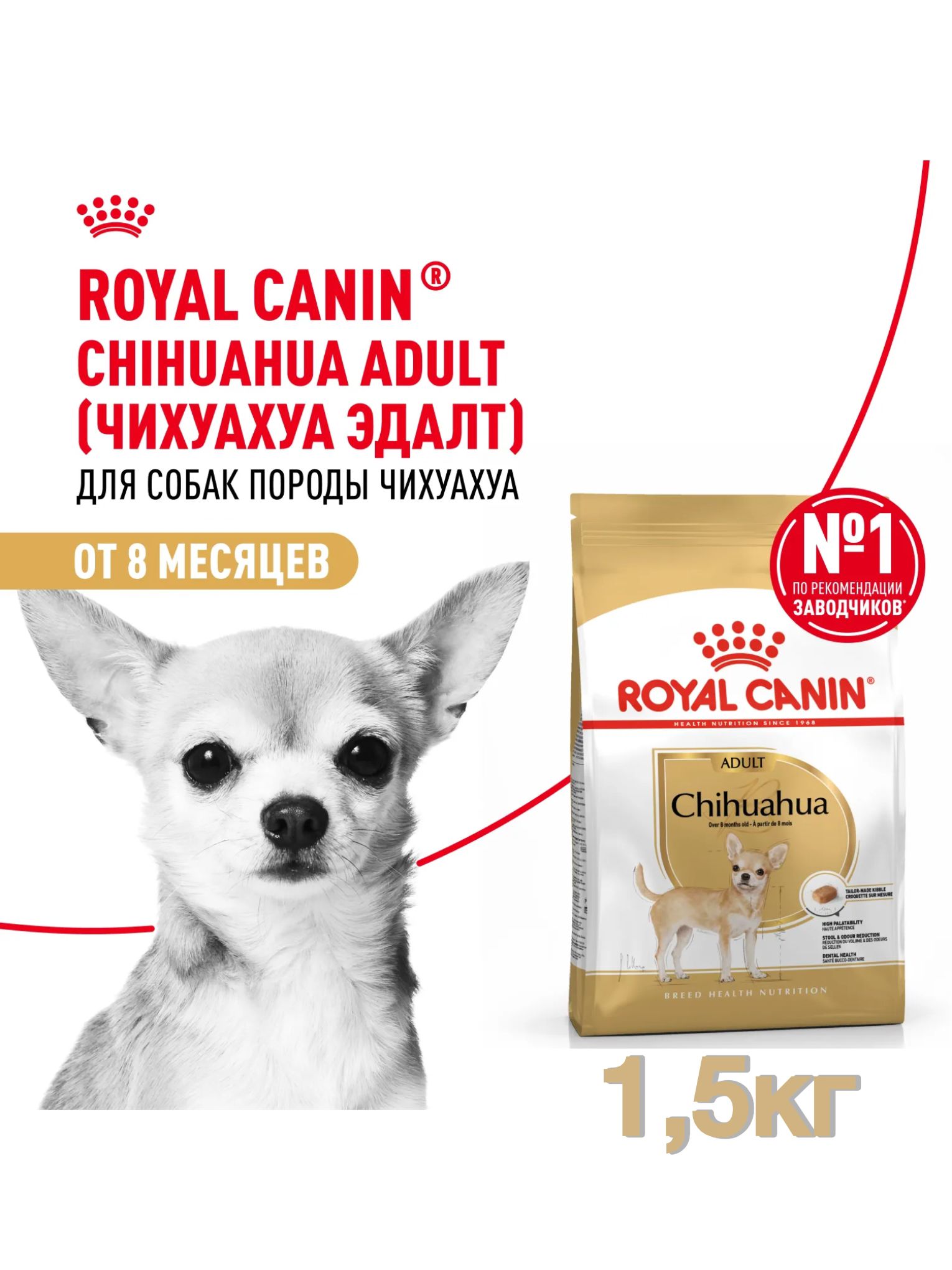 Сухой корм для собак Royal Canin Chihuahua Adult, для породы Чихуахуа , 1,5кг