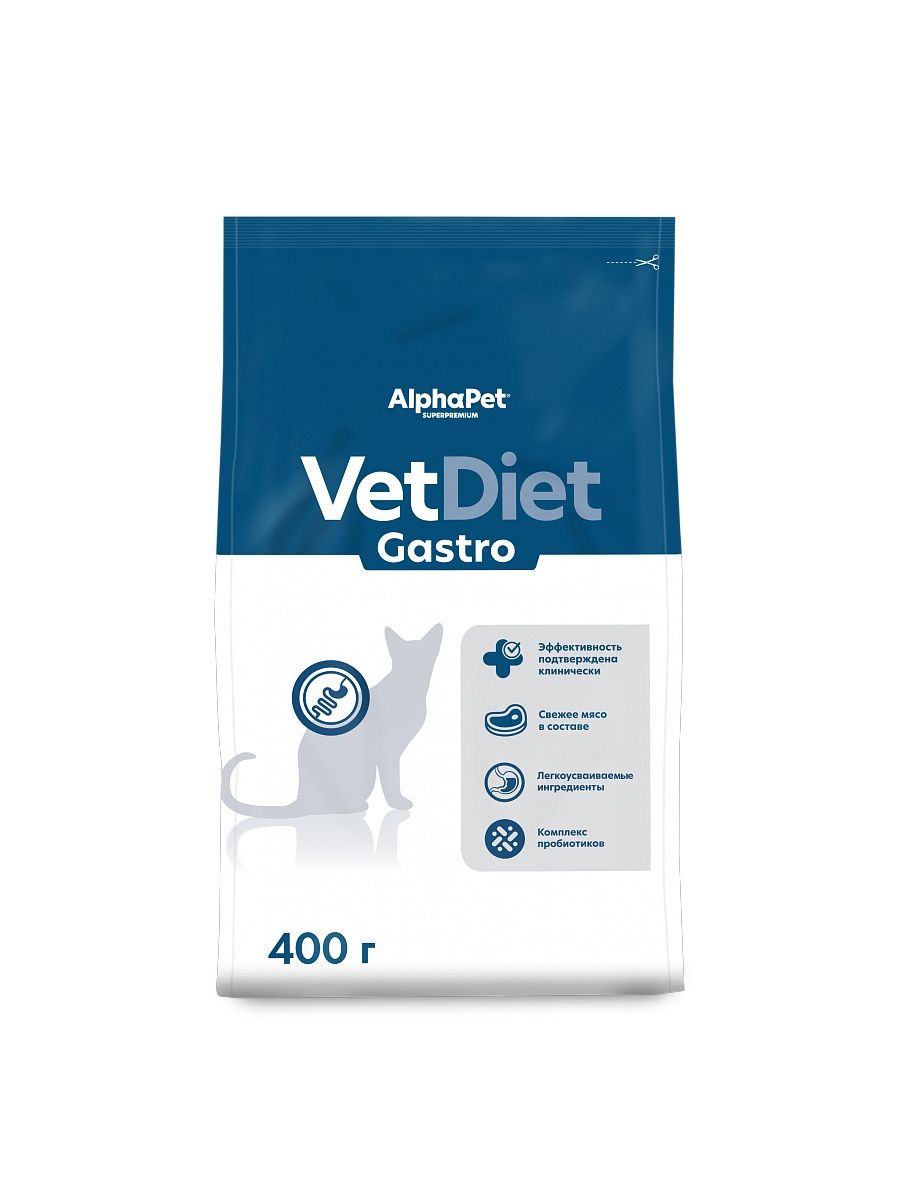 ALPHAPET Сухой корм для взрослых кошек VET DIET GASTRO при расстройстве пищеварительной системы и истощении, 400 гр