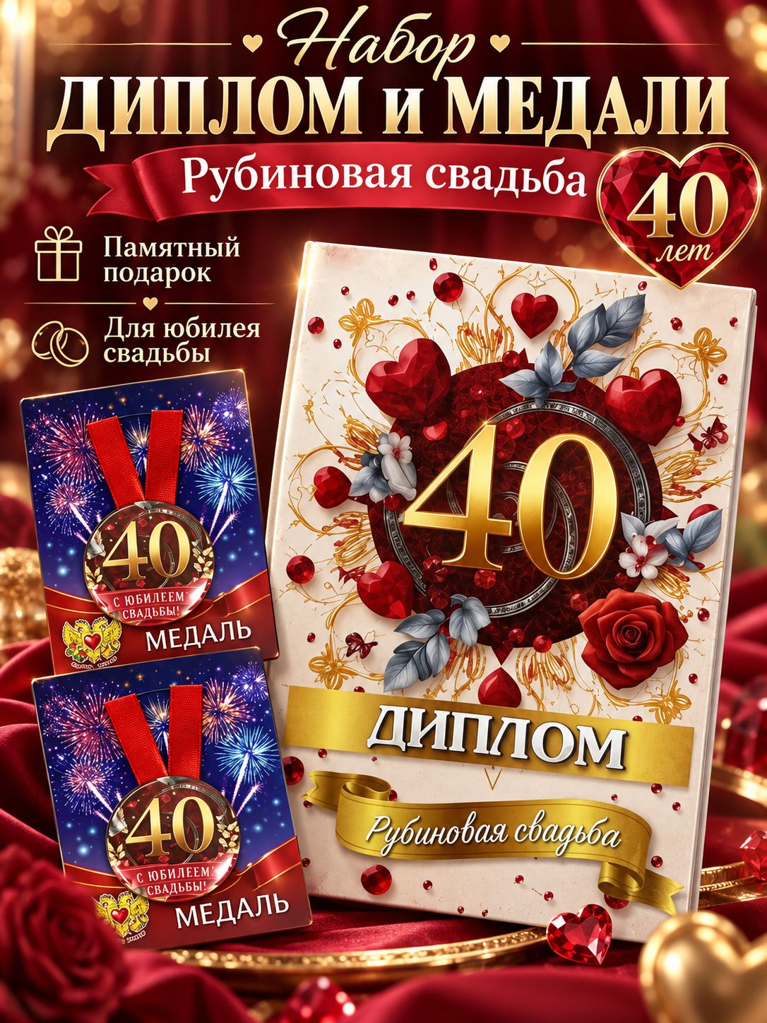 Набор Диплом и 2 медали Рубиновая свадьба 40 лет