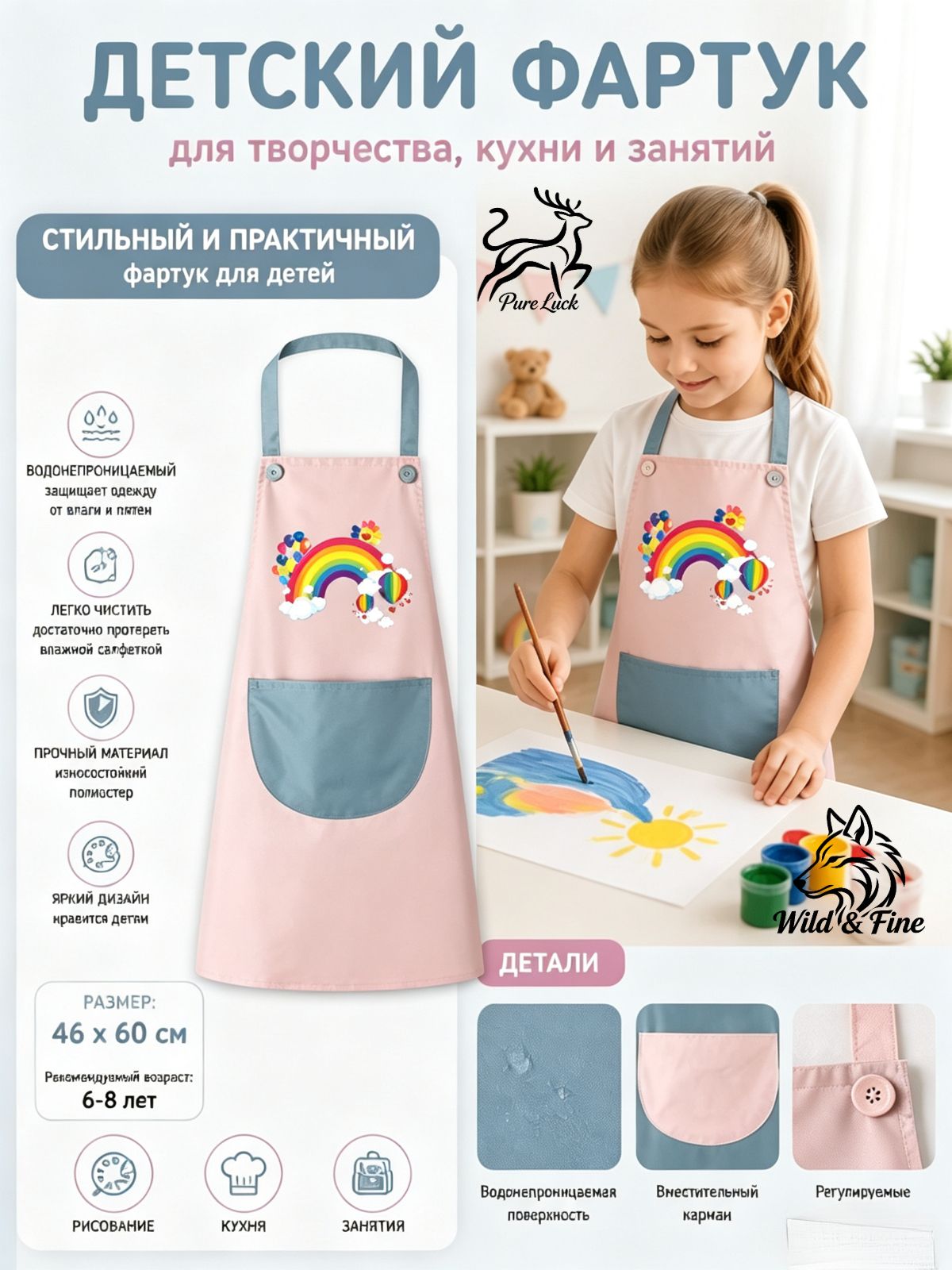 Детский фартук для рисования с карманом, полиэстер, 6-8 лет