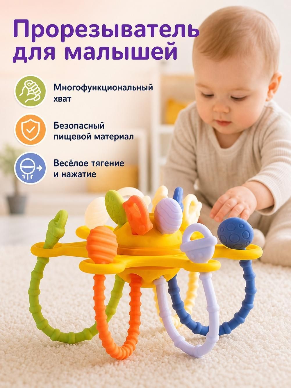 Погремушка для новорожденного 0+ / грызунок тянучка 4 в 1