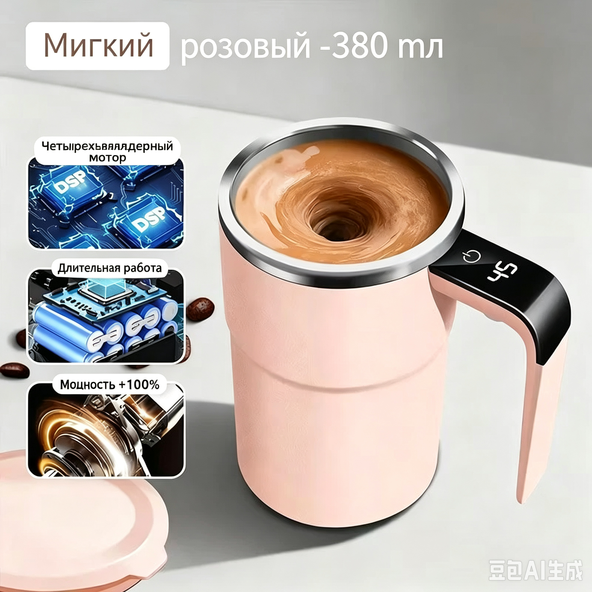Кружка мешалка магнитная, Термокружка с крышкой и автоматической размешивающей мешалкой, стакан для горячих напитков, с индикатором температуры, водонепроницаемый, подарок маме жене, 380 мл